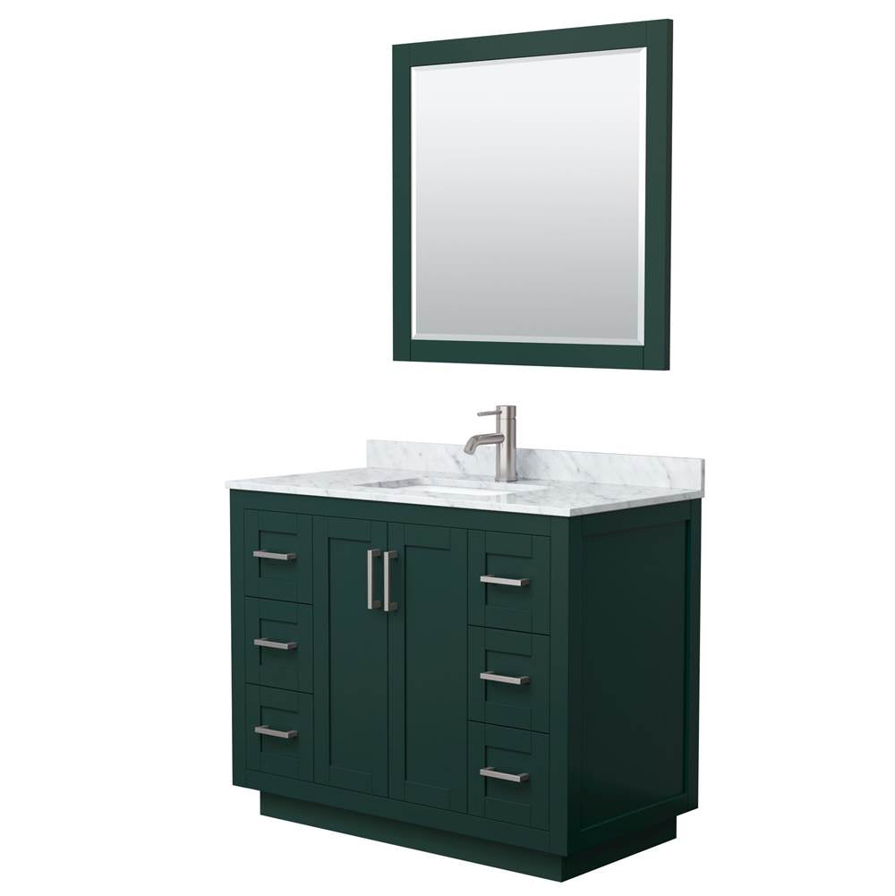 Wyndham Collection - Miranda 42 Inch Single Bathroom Vanity in Green, White Carrara Marble Countertop, Undermount Square Sink, Brushed Nickel Trim, 34 Inch Mirror