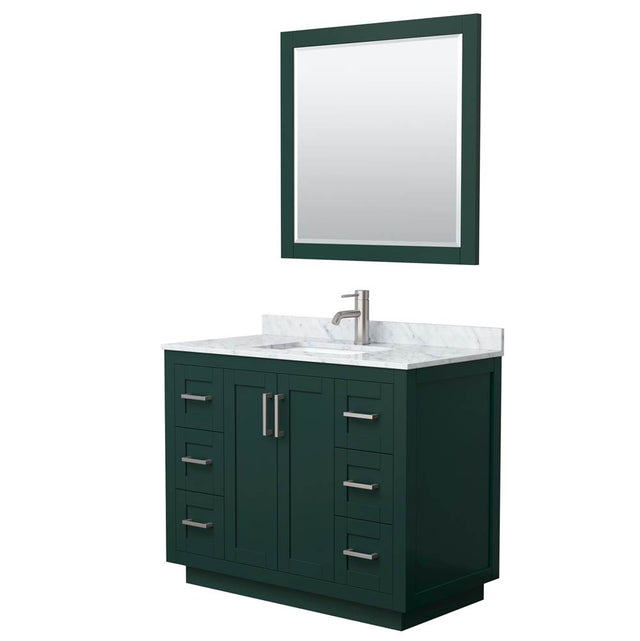 Wyndham Collection - Miranda 42 Inch Single Bathroom Vanity in Green, White Carrara Marble Countertop, Undermount Square Sink, Brushed Nickel Trim, 34 Inch Mirror