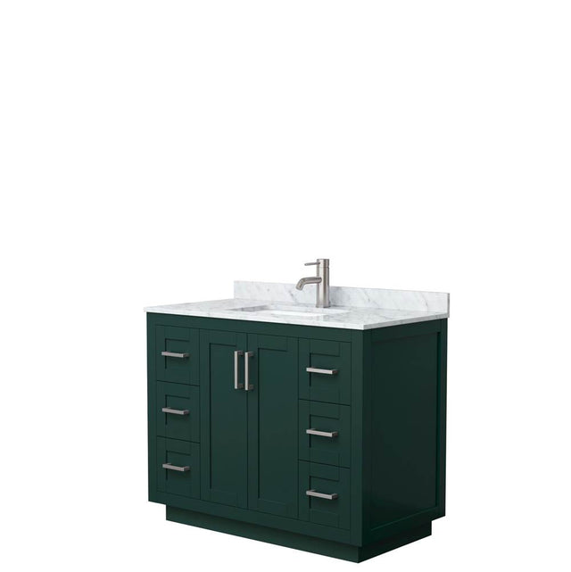 Wyndham Collection - Miranda 42 Inch Single Bathroom Vanity in Green, White Carrara Marble Countertop, Undermount Square Sink, Brushed Nickel Trim