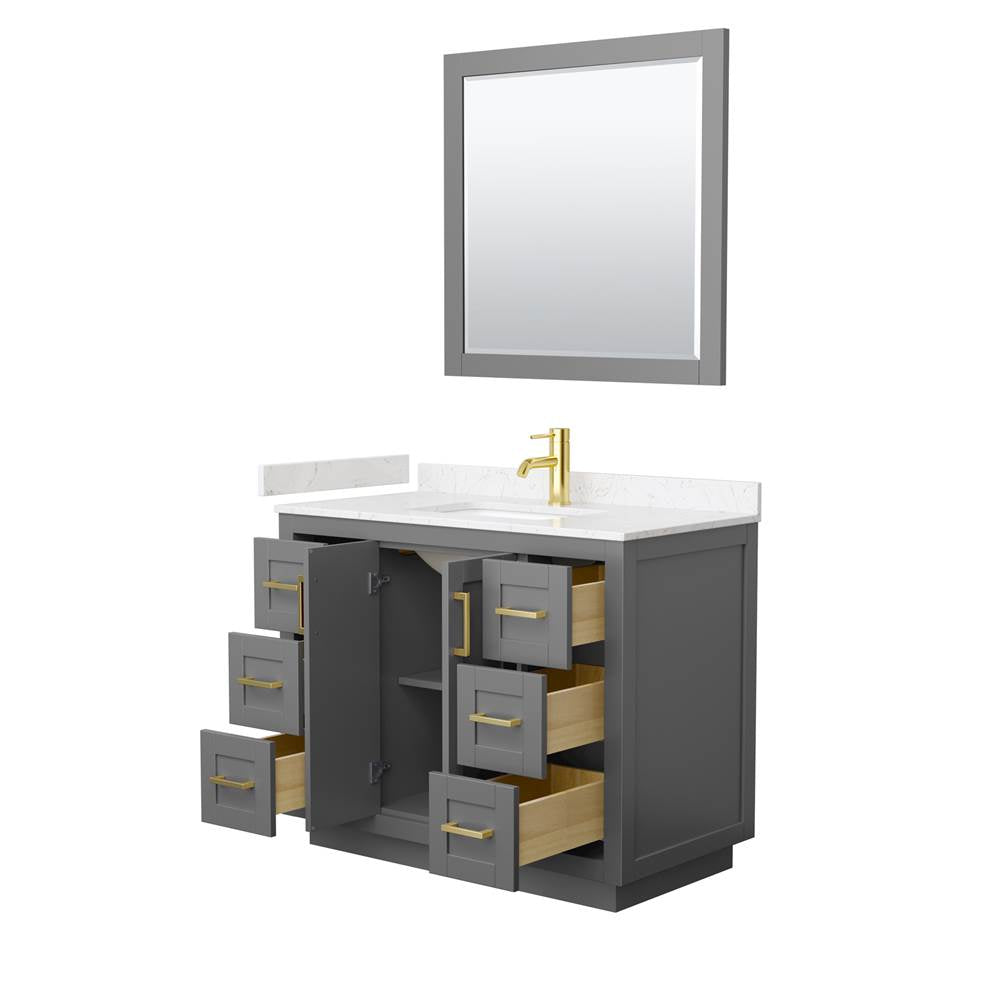 Miranda 42 Inch Single Bathroom Vanity in Dark Gray, Carrara Cultured Marble Countertop, Undermount Square Sink, Brushed Gold Trim, 34 Inch Mirror