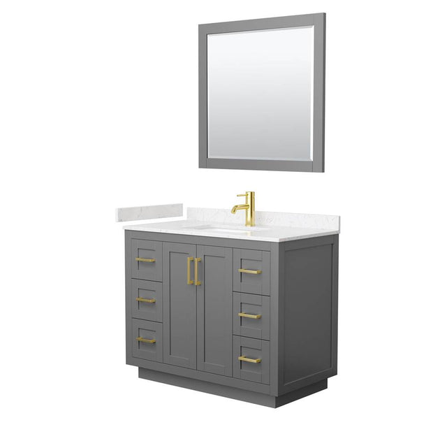 Wyndham Collection - Miranda 42 Inch Single Bathroom Vanity in Dark Gray, Carrara Cultured Marble Countertop, Undermount Square Sink, Brushed Gold Trim, 34 Inch Mirror