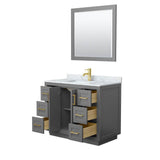 Miranda 42 Inch Single Bathroom Vanity in Dark Gray, White Carrara Marble Countertop, Undermount Square Sink, Brushed Gold Trim, 34 Inch Mirror