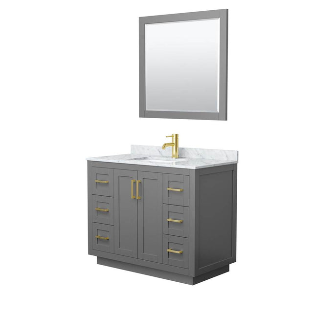 Wyndham Collection - Miranda 42 Inch Single Bathroom Vanity in Dark Gray, White Carrara Marble Countertop, Undermount Square Sink, Brushed Gold Trim, 34 Inch Mirror
