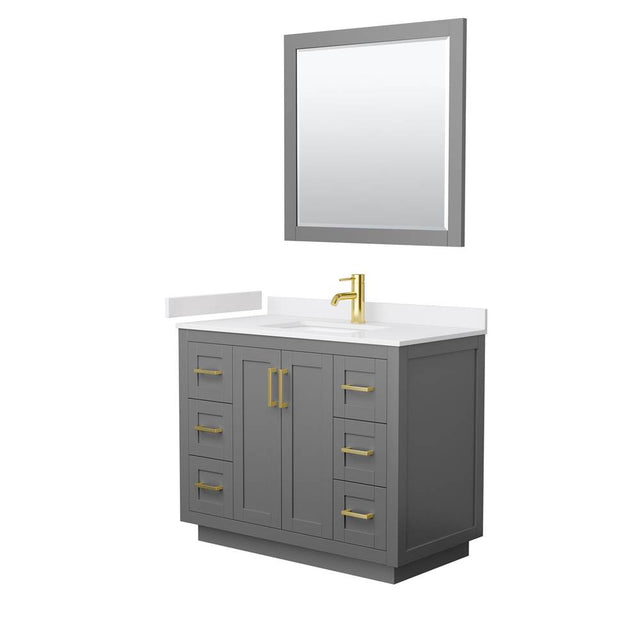 Wyndham Collection - Miranda 42 Inch Single Bathroom Vanity in Dark Gray, White Cultured Marble Countertop, Undermount Square Sink, Brushed Gold Trim, 34 Inch Mirror