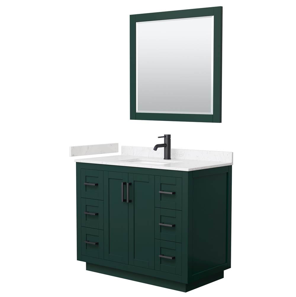Wyndham Collection - Miranda 42 Inch Single Bathroom Vanity in Green, Carrara Cultured Marble Countertop, Undermount Square Sink, Matte Black Trim, 34 Inch Mirror