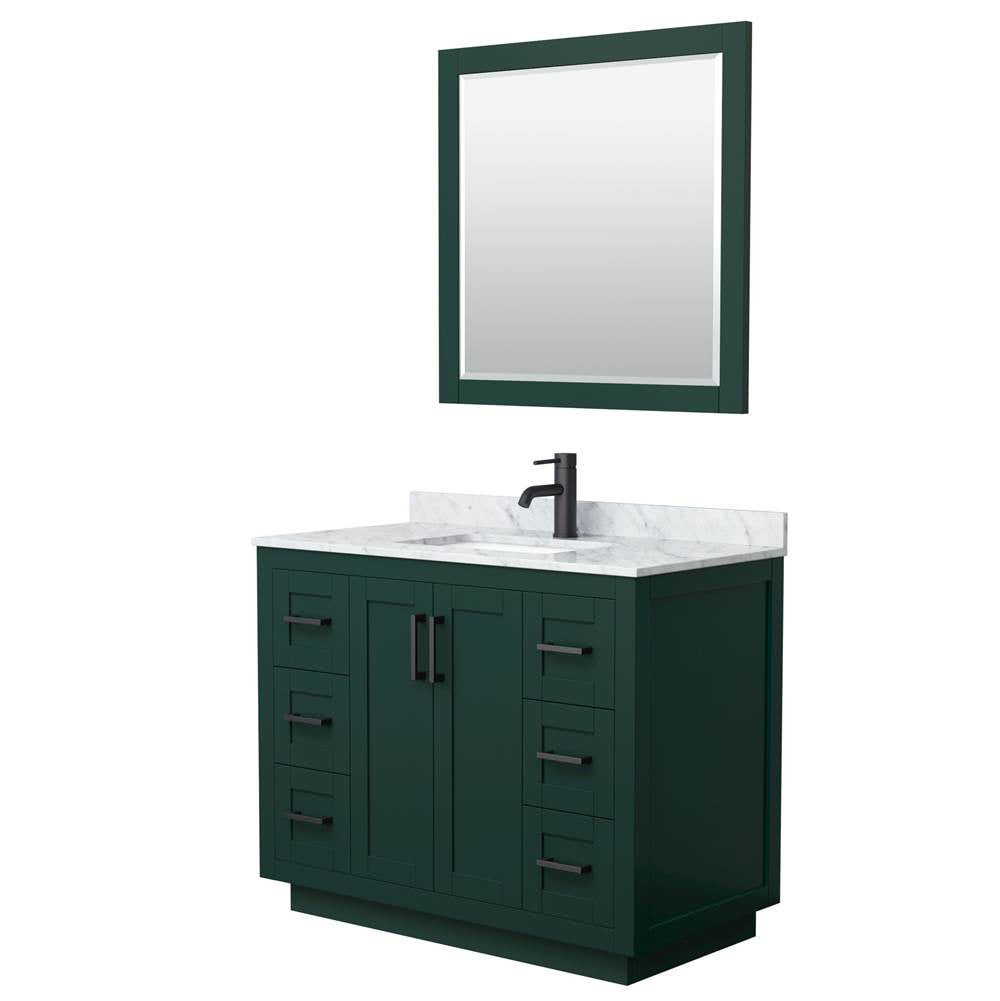 Wyndham Collection - Miranda 42 Inch Single Bathroom Vanity in Green, White Carrara Marble Countertop, Undermount Square Sink, Matte Black Trim, 34 Inch Mirror