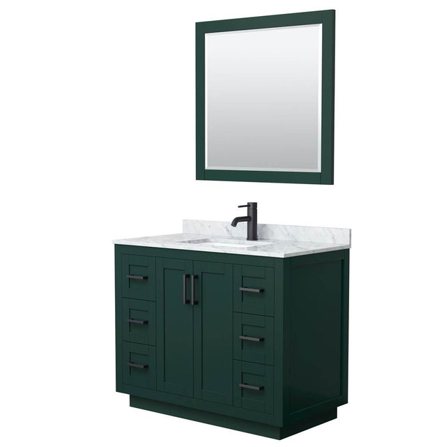 Wyndham Collection - Miranda 42 Inch Single Bathroom Vanity in Green, White Carrara Marble Countertop, Undermount Square Sink, Matte Black Trim, 34 Inch Mirror