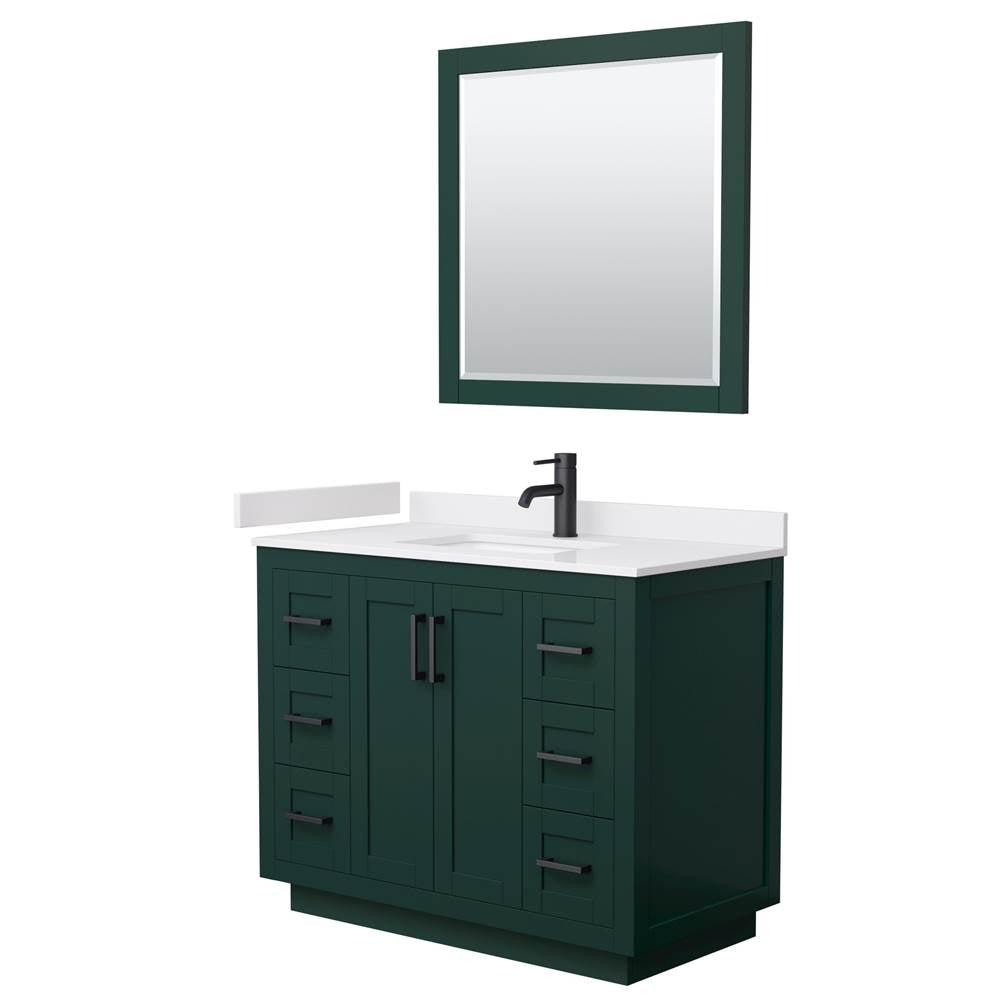 Wyndham Collection - Miranda 42 Inch Single Bathroom Vanity in Green, White Cultured Marble Countertop, Undermount Square Sink, Matte Black Trim, 34 Inch Mirror