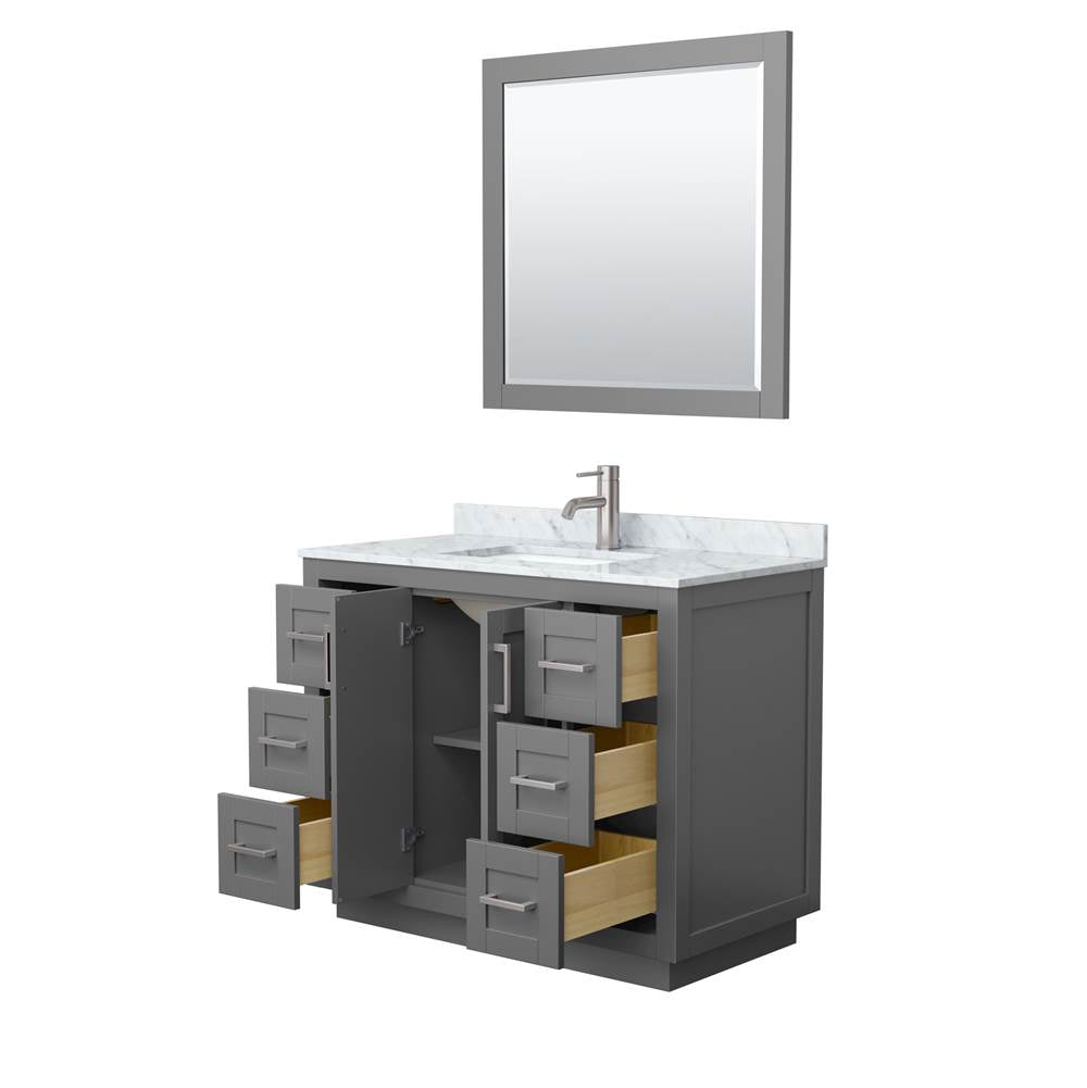 Miranda 42 Inch Single Bathroom Vanity in Dark Gray, White Carrara Marble Countertop, Undermount Square Sink, Brushed Nickel Trim, 34 Inch Mirror