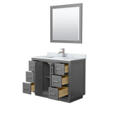 Miranda 42 Inch Single Bathroom Vanity in Dark Gray, White Carrara Marble Countertop, Undermount Square Sink, Brushed Nickel Trim, 34 Inch Mirror