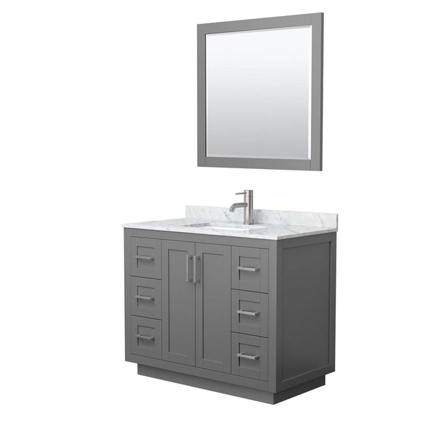 Wyndham Collection - Miranda 42 Inch Single Bathroom Vanity in Dark Gray, White Carrara Marble Countertop, Undermount Square Sink, Brushed Nickel Trim, 34 Inch Mirror