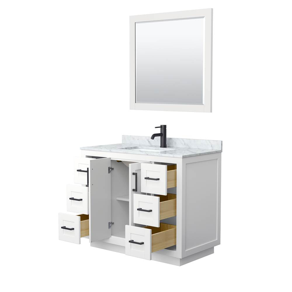 Miranda 42 Inch Single Bathroom Vanity in White, White Carrara Marble Countertop, Undermount Square Sink, Matte Black Trim, 34 Inch Mirror