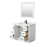 Miranda 42 Inch Single Bathroom Vanity in White, White Carrara Marble Countertop, Undermount Square Sink, Matte Black Trim, 34 Inch Mirror