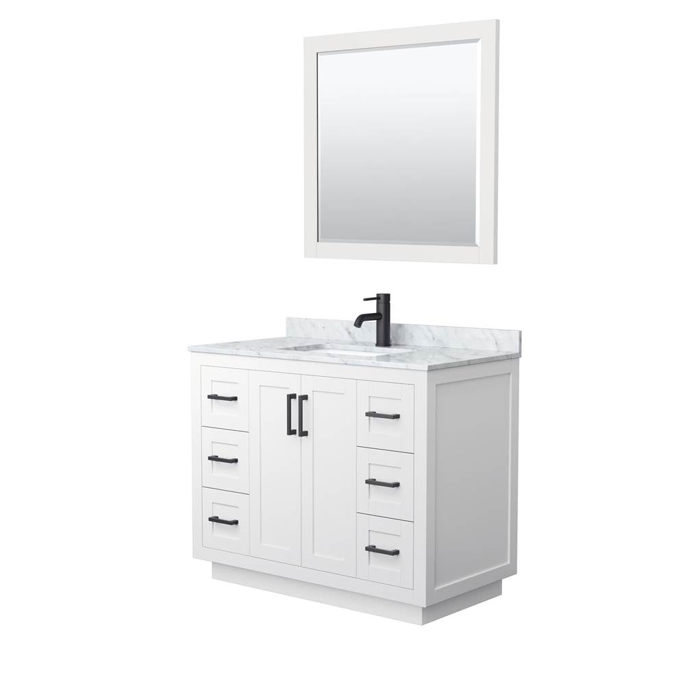 Wyndham Collection - Miranda 42 Inch Single Bathroom Vanity in White, White Carrara Marble Countertop, Undermount Square Sink, Matte Black Trim, 34 Inch Mirror