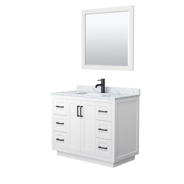 Wyndham Collection - Miranda 42 Inch Single Bathroom Vanity in White, White Carrara Marble Countertop, Undermount Square Sink, Matte Black Trim, 34 Inch Mirror