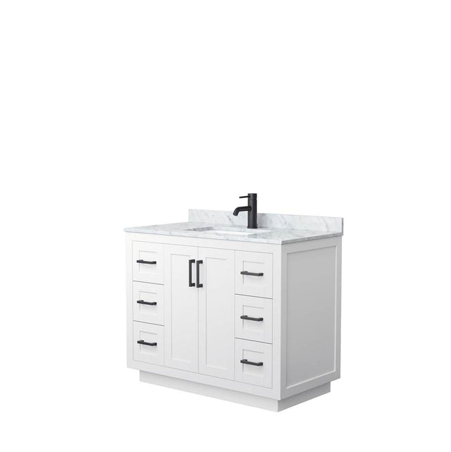 Wyndham Collection - Miranda 42 Inch Single Bathroom Vanity in White, White Carrara Marble Countertop, Undermount Square Sink, Matte Black Trim