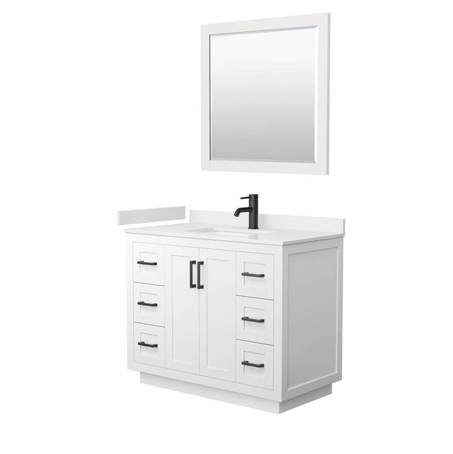 Wyndham Collection - Miranda 42 Inch Single Bathroom Vanity in White, White Cultured Marble Countertop, Undermount Square Sink, Matte Black Trim, 34 Inch Mirror
