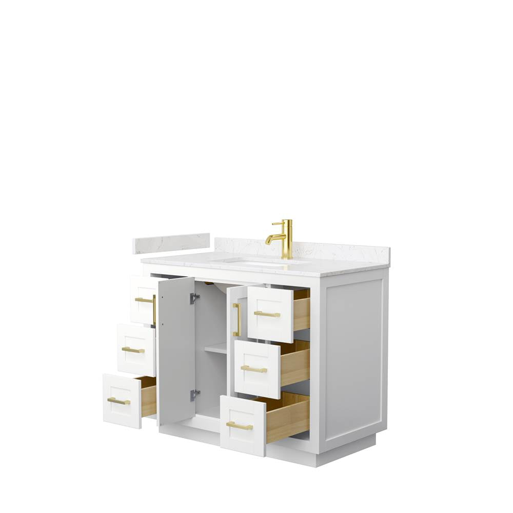 Miranda 42 Inch Single Bathroom Vanity in White, Carrara Cultured Marble Countertop, Undermount Square Sink, Brushed Gold Trim