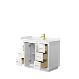 Miranda 42 Inch Single Bathroom Vanity in White, Carrara Cultured Marble Countertop, Undermount Square Sink, Brushed Gold Trim