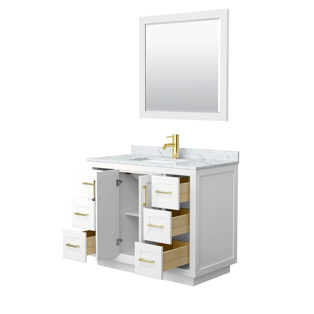 Miranda 42 Inch Single Bathroom Vanity in White, White Carrara Marble Countertop, Undermount Square Sink, Brushed Gold Trim, 34 Inch Mirror