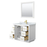 Miranda 42 Inch Single Bathroom Vanity in White, White Carrara Marble Countertop, Undermount Square Sink, Brushed Gold Trim, 34 Inch Mirror