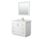 Wyndham Collection - Miranda 42 Inch Single Bathroom Vanity in White, White Carrara Marble Countertop, Undermount Square Sink, Brushed Gold Trim, 34 Inch Mirror