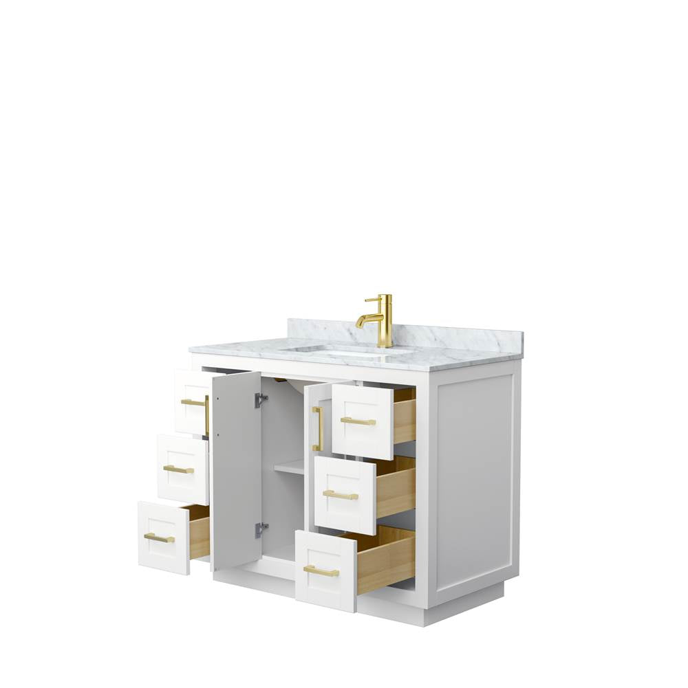 Miranda 42 Inch Single Bathroom Vanity in White, White Carrara Marble Countertop, Undermount Square Sink, Brushed Gold Trim