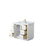 Miranda 42 Inch Single Bathroom Vanity in White, White Carrara Marble Countertop, Undermount Square Sink, Brushed Gold Trim