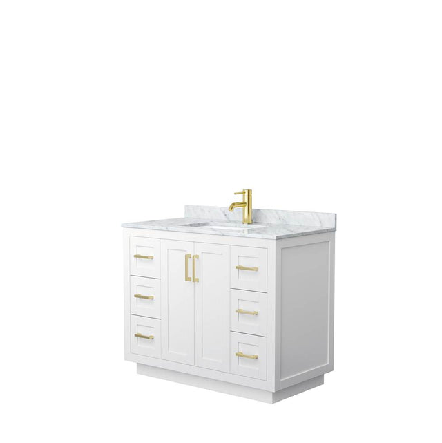 Wyndham Collection - Miranda 42 Inch Single Bathroom Vanity in White, White Carrara Marble Countertop, Undermount Square Sink, Brushed Gold Trim