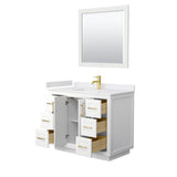 Miranda 42 Inch Single Bathroom Vanity in White, White Cultured Marble Countertop, Undermount Square Sink, Brushed Gold Trim, 34 Inch Mirror