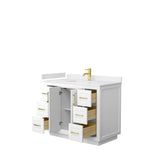 Miranda 42 Inch Single Bathroom Vanity in White, White Cultured Marble Countertop, Undermount Square Sink, Brushed Gold Trim