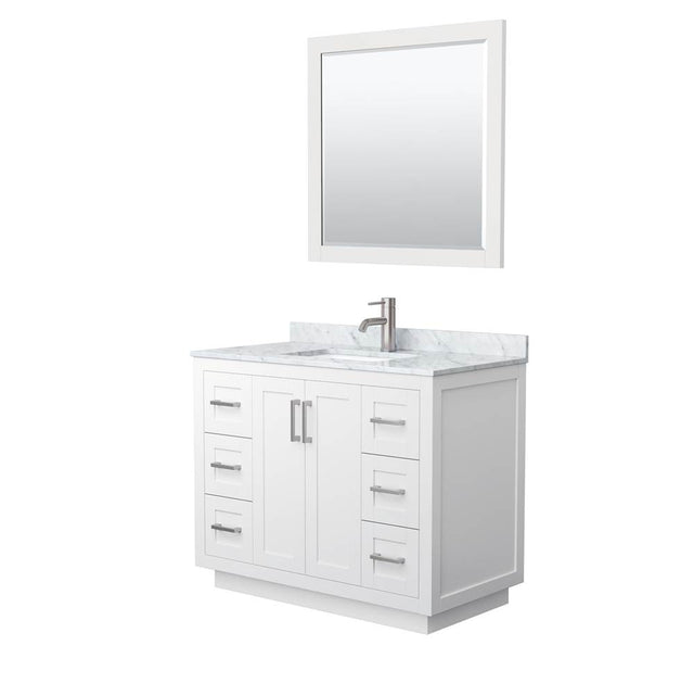 Wyndham Collection - Miranda 42 Inch Single Bathroom Vanity in White, White Carrara Marble Countertop, Undermount Square Sink, Brushed Nickel Trim, 34 Inch Mirror