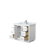 Miranda 42 Inch Single Bathroom Vanity in White, White Carrara Marble Countertop, Undermount Square Sink, Brushed Nickel Trim