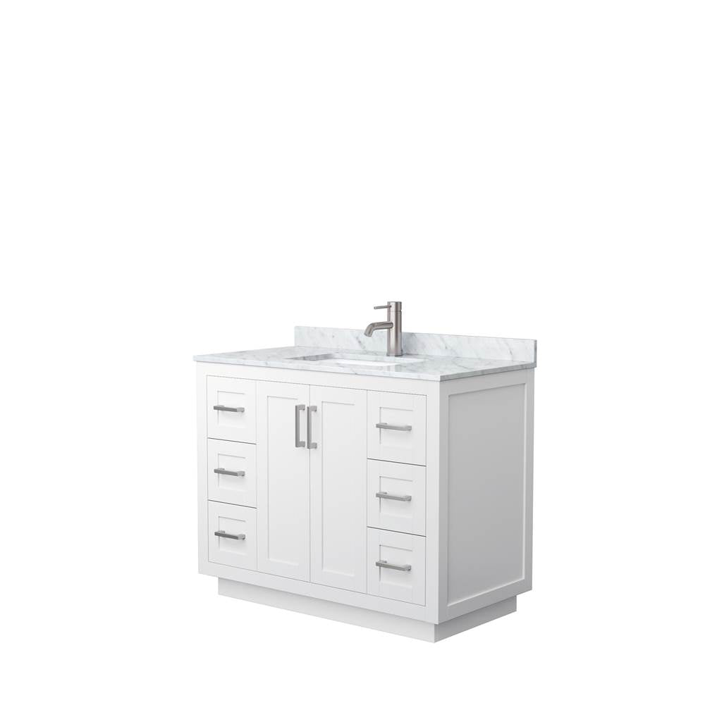 Wyndham Collection - Miranda 42 Inch Single Bathroom Vanity in White, White Carrara Marble Countertop, Undermount Square Sink, Brushed Nickel Trim