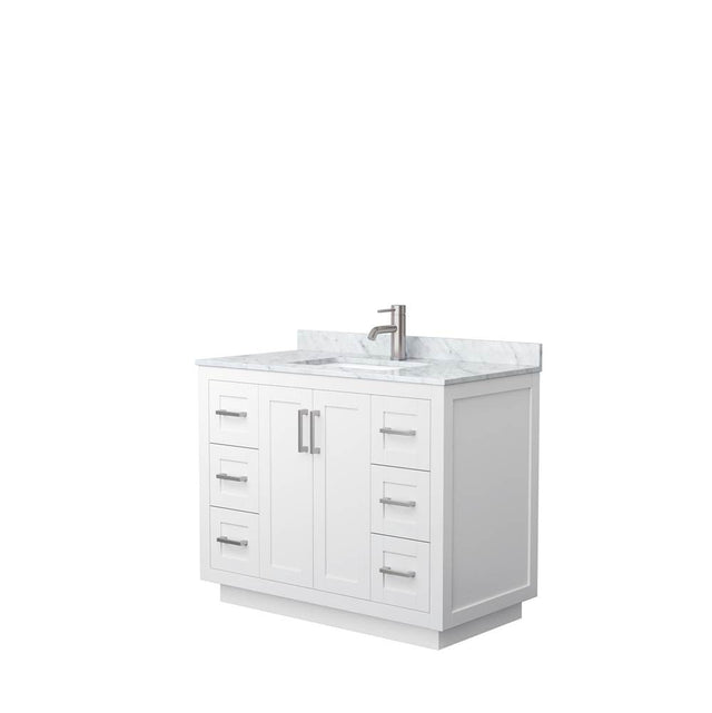 Wyndham Collection - Miranda 42 Inch Single Bathroom Vanity in White, White Carrara Marble Countertop, Undermount Square Sink, Brushed Nickel Trim