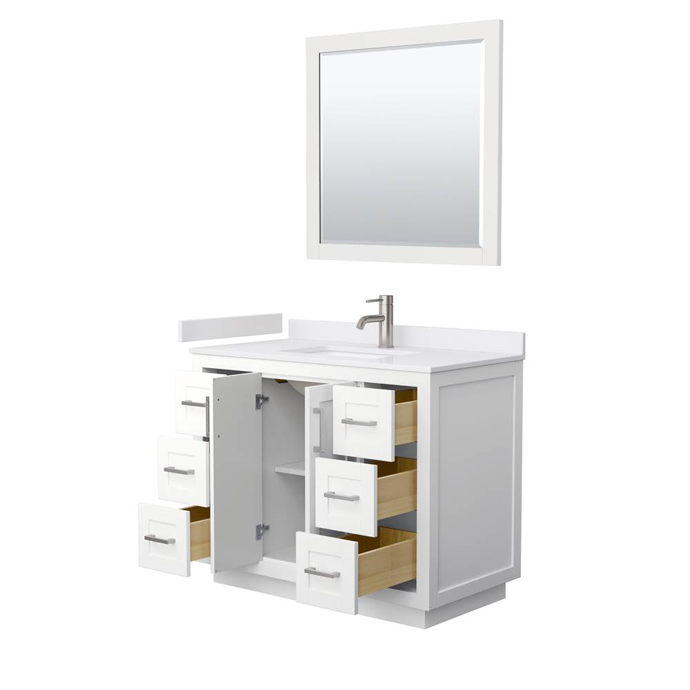 Miranda 42 Inch Single Bathroom Vanity in White, White Cultured Marble Countertop, Undermount Square Sink, Brushed Nickel Trim, 34 Inch Mirror
