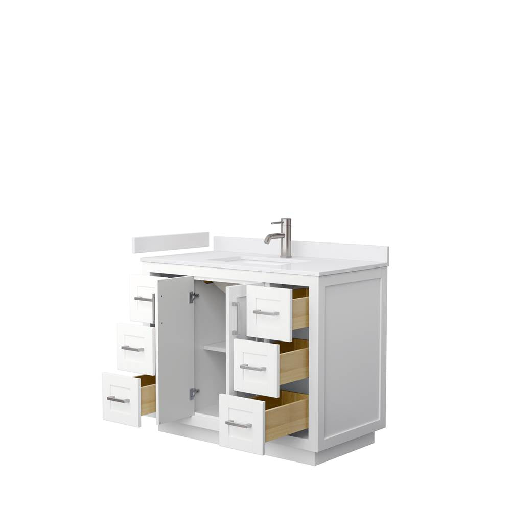 Miranda 42 Inch Single Bathroom Vanity in White, White Cultured Marble Countertop, Undermount Square Sink, Brushed Nickel Trim