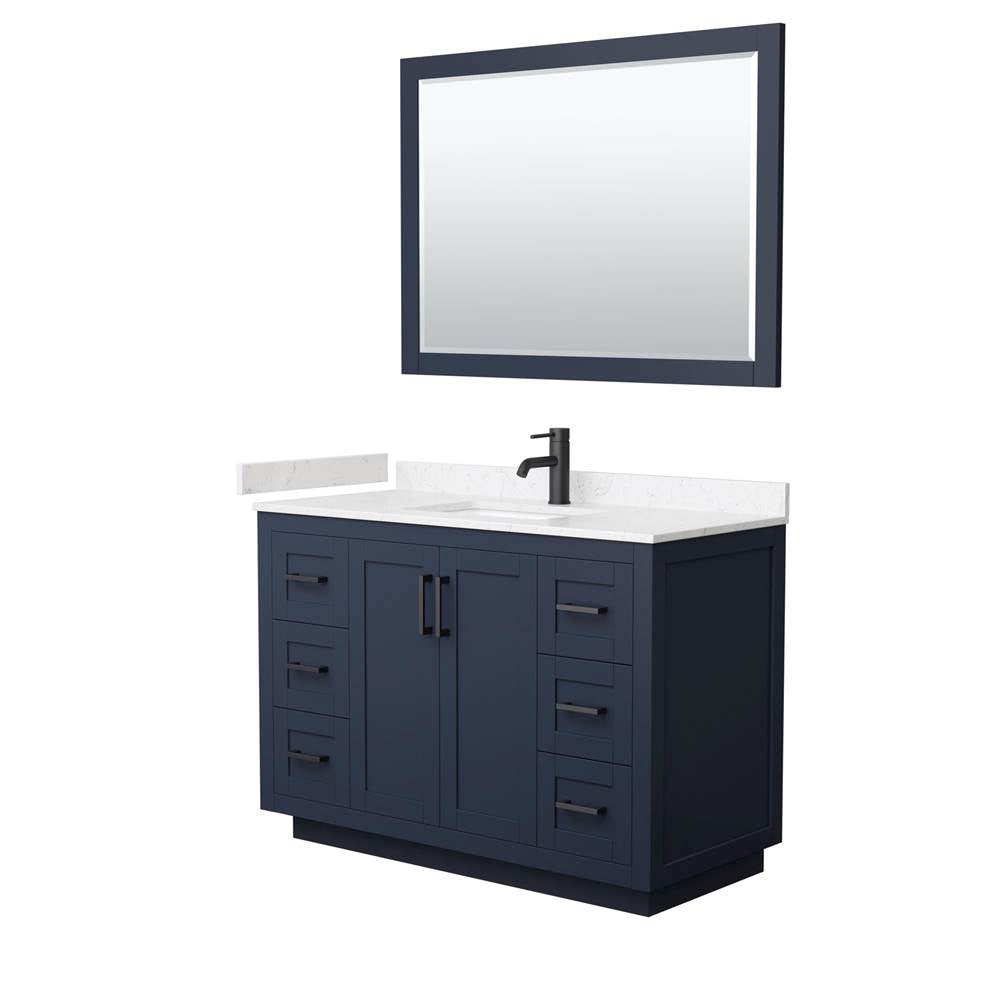 Wyndham Collection - Miranda 48 Inch Single Bathroom Vanity in Dark Blue, Carrara Cultured Marble Countertop, Undermount Square Sink, Matte Black Trim, 46 Inch Mirror