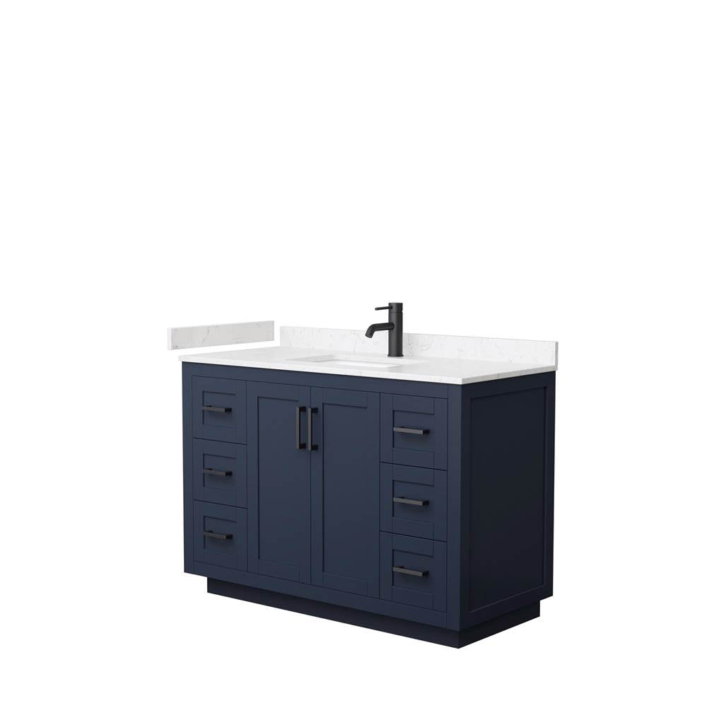 Wyndham Collection - Miranda 48 Inch Single Bathroom Vanity in Dark Blue, Carrara Cultured Marble Countertop, Undermount Square Sink, Matte Black Trim