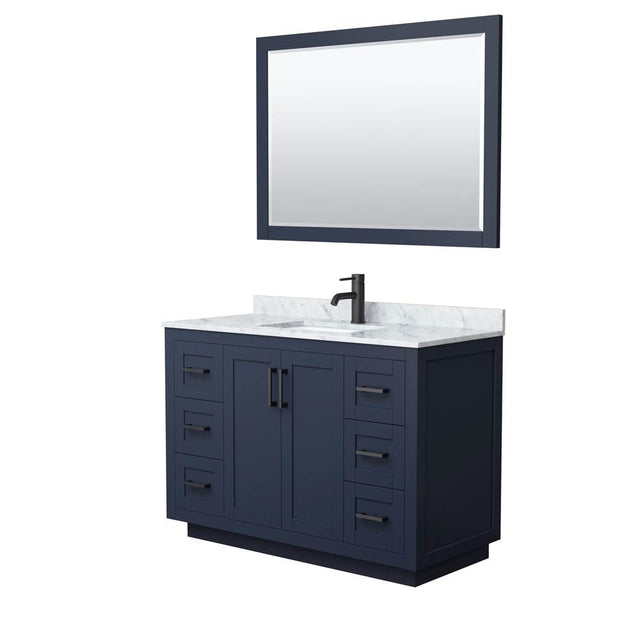Wyndham Collection - Miranda 48 Inch Single Bathroom Vanity in Dark Blue, White Carrara Marble Countertop, Undermount Square Sink, Matte Black Trim, 46 Inch Mirror