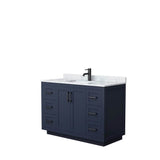 Wyndham Collection - Miranda 48 Inch Single Bathroom Vanity in Dark Blue, White Carrara Marble Countertop, Undermount Square Sink, Matte Black Trim