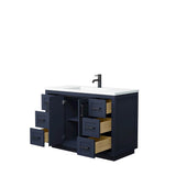 Miranda 48 Inch Single Bathroom Vanity in Dark Blue, 1.25 Inch Thick Matte White Solid Surface Countertop, Integrated Sink, Matte Black Trim