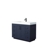Wyndham Collection - Miranda 48 Inch Single Bathroom Vanity in Dark Blue, 4 Inch Thick Matte White Solid Surface Countertop, Integrated Sink, Matte Black Trim