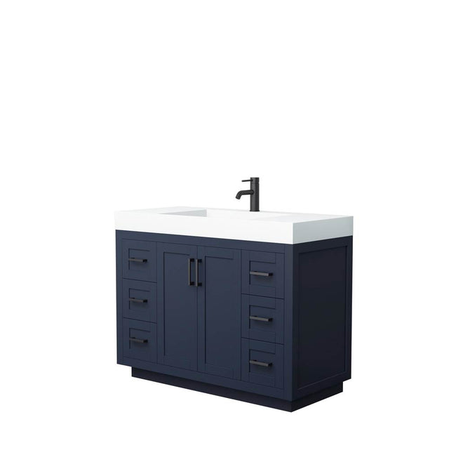 Wyndham Collection - Miranda 48 Inch Single Bathroom Vanity in Dark Blue, 4 Inch Thick Matte White Solid Surface Countertop, Integrated Sink, Matte Black Trim