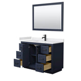 Miranda 48 Inch Single Bathroom Vanity in Dark Blue, White Cultured Marble Countertop, Undermount Square Sink, Matte Black Trim, 46 Inch Mirror