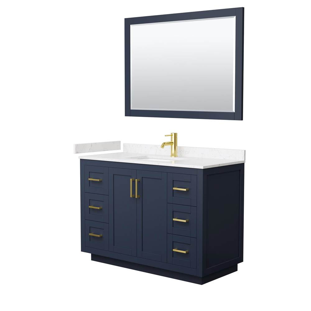 Wyndham Collection - Miranda 48 Inch Single Bathroom Vanity in Dark Blue, Carrara Cultured Marble Countertop, Undermount Square Sink, Brushed Gold Trim, 46 Inch Mirror