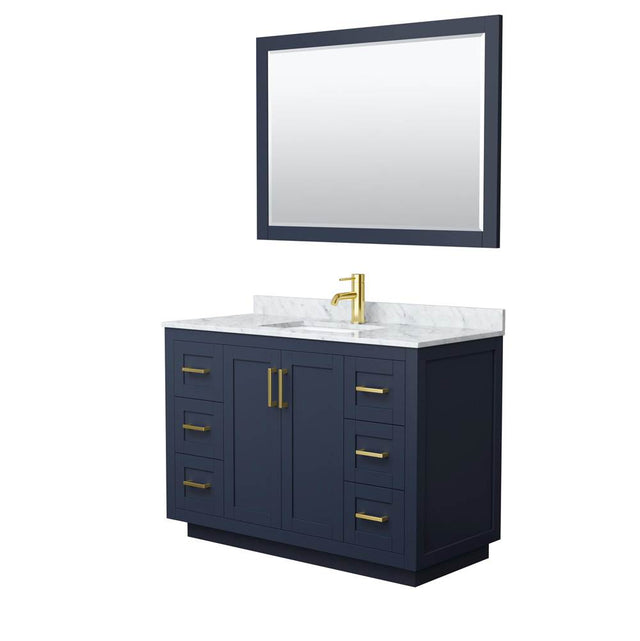 Wyndham Collection - Miranda 48 Inch Single Bathroom Vanity in Dark Blue, White Carrara Marble Countertop, Undermount Square Sink, Brushed Gold Trim, 46 Inch Mirror