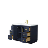 Miranda 48 Inch Single Bathroom Vanity in Dark Blue, 1.25 Inch Thick Matte White Solid Surface Countertop, Integrated Sink, Brushed Gold Trim
