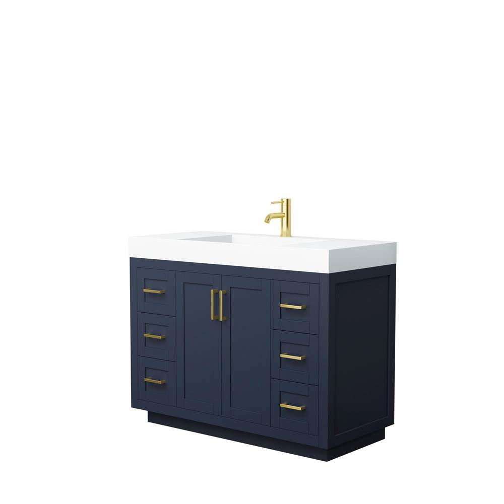 Wyndham Collection - Miranda 48 Inch Single Bathroom Vanity in Dark Blue, 4 Inch Thick Matte White Solid Surface Countertop, Integrated Sink, Brushed Gold Trim