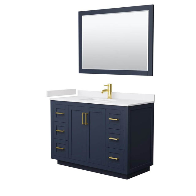 Wyndham Collection - Miranda 48 Inch Single Bathroom Vanity in Dark Blue, White Cultured Marble Countertop, Undermount Square Sink, Brushed Gold Trim, 46 Inch Mirror